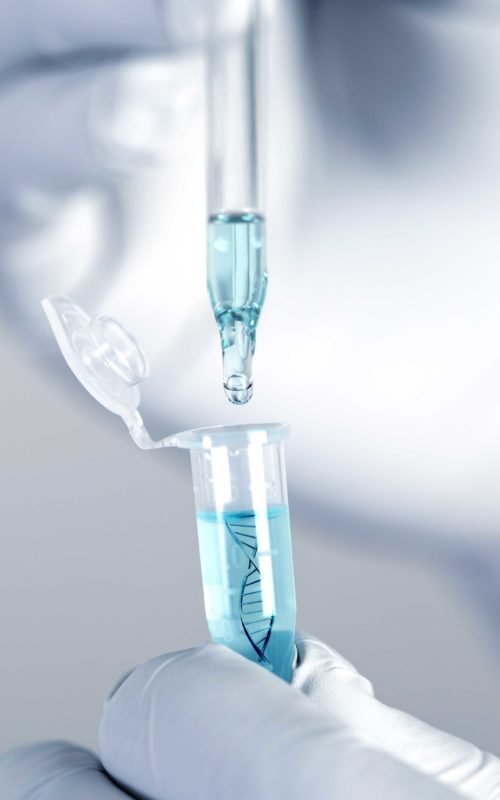 Close up a scientist working in laboratory to analyze blue extracted of DNA  molecules in micro tube , clinical or science testing analysis concept